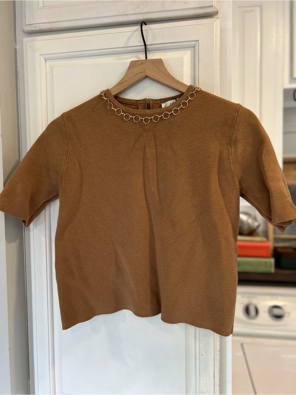 Zara Camel Short-Sleeve Crewneck Top with Gold Chain Detail